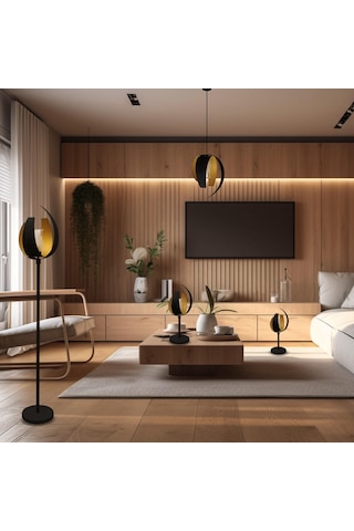 Aurum Koleksiyonu 4'lü Aydınlatma Seti 2 Abajur, 1 Lambader, 1 Sarkıt Siyah - Gold