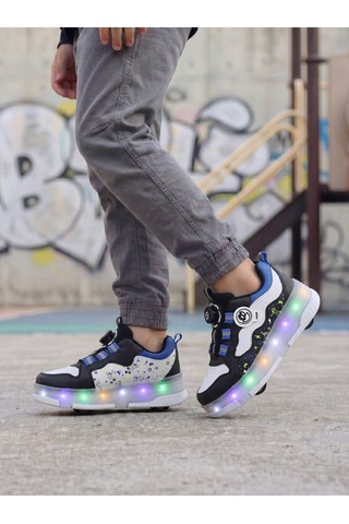 Patenli Işıklı Spor Ayakkabısı & Tekerlekli Sneakers Siyah-sax