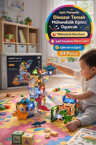 Magnetic Işıklı Manyetik Blok 64 Parça Dinozor Temalı Yapı Oyuncak Seti 3+ Eğitici Zeka Oyunu