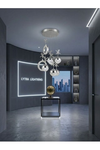 Luxe Model 8'li Gümüş 3 Renk Modu Ledli Kristal Taşlı Modern Salon Mutfak Oturma Odası Led Avize Gümüş