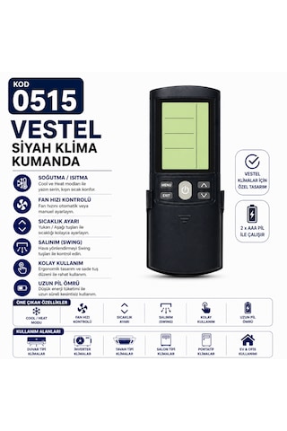 Vestel 0515 Siyah Lcd Ekranlı Klima Kumandası