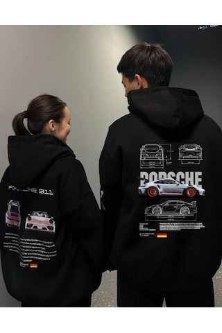 Brz Collection Unisex Oversize Porsche 911 Pink Hoodie Siyah