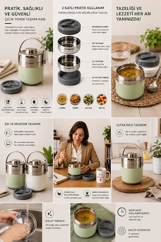 1.5 Lt 2'li Paslanmaz Çelik Sızdırmaz Termos Yemek Taşıma Kabı / Sefer Tası Beslenme Kutusu Çelik Rengi