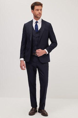 Tudors Erkek Slim Fit Lacivert Esnek Likralı Kumaş Sivri Yaka Yelekli Takım Elbise-41296 Lacivert