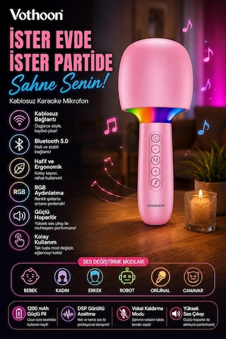 Zenvia Çocuk Ve Yetişkin Karaoke Mikrofonu Kablosuz Rgb Ambiyans Işığı Ses Değiştirme Modlu Hoparlör Znv2026