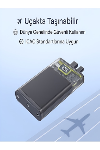 10000mah Dijital Ekran Powerbank 22 5w Hızlı Şarj 1 Usb 1 Type C Girişli Type C Ve Lightning Kablolu Siyah