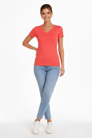Tarzyeri Kadın V Yaka Tişört Kısa Kol Slim Fit T-shirt 2'li Set Nar Çiçeği-açık Mavi Çok Renkli