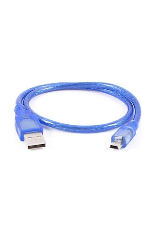 5 Pin Mini Usb Şarj Ve Data Kablosu Şeffaf Mavi Renk 1m