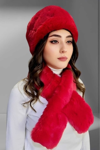 Tezzgelsin Kadın Vegan Kürk Kalpak-atkı Set Kırmızı