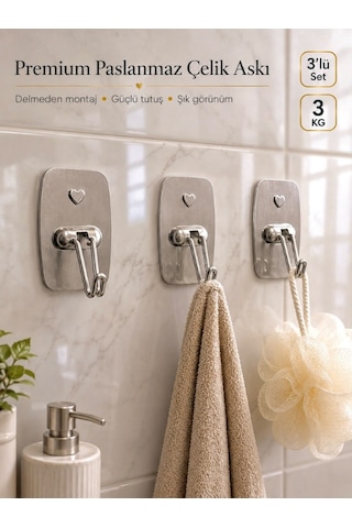 Mucit Home 3'lü Paslanmaz Çelik Çok Amaçlı Askı Havlu Askısı Banyo Mutfak Askısı Yapışkanlı Renkli