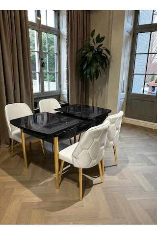 Msy Home Traverten/sonomo/siyah Mermer Gold/krom Ayaklı Mdf 80 130 Kelebek Açılabilr Yemek Masası Siyah Mermer Gold