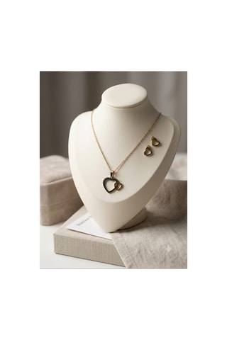 Lunarie 14k Gold Çelik İç İçe Çift Kalp Kolye Küpe Takı Seti Altın
