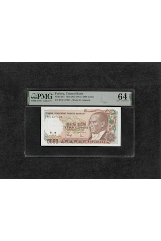 Türk Lirası Pmg 64 Epq Choice Unc Çil 5.000 Lira P 197 1970 Nd 1981 S/n F04 7. Emisyon 3. Tertip Büyük Mevlana