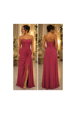 Gül&can Butik Gül Kurusu Payet Detaylı Abiye Elbise Pembe