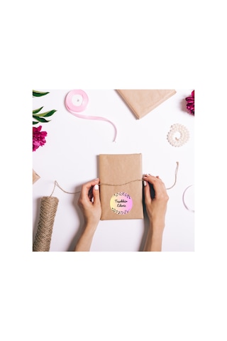 96'lı Pembe Yaprak Detaylı Teşekkür Ederiz Paket Etiketi 4x4 Cm Yuvarlak Müşteri Teşekkür Sticker Ambalaj
