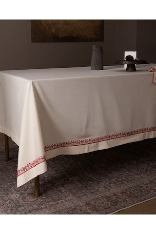 Madame Coco Ombrelot %100 Pamuk Masa Örtüsü - Ekru/kırmızı - 150x220 Cm 8684427298190 Çok Renkli