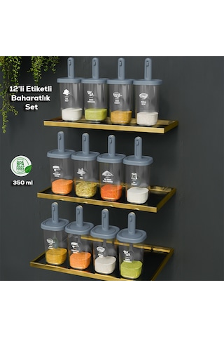 Porsima 1097 Kaydırmalı Kaşıklı Baharatlık Seti 12'li  Şeffaf - Antrasit