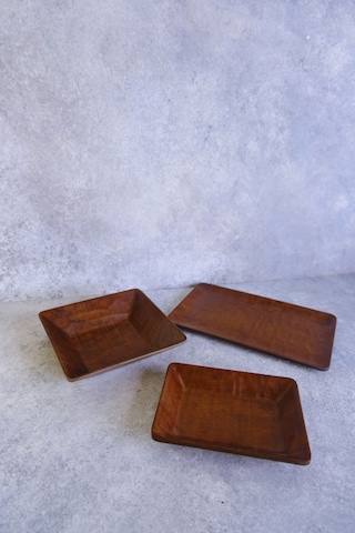 Justwood 3 Lü Ligna Ahşap Rölyefli Dikdörtgen Sunum Seti 16x26, 18x18, 12,5x17 Cm Servis Seti, Tabak Koyu Kahverengi