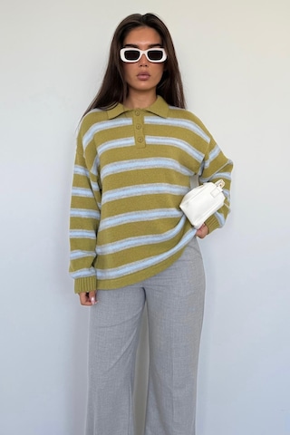 Madmext Yeşil Polo Yaka Çizgili Kadın Triko Kazak Mg2469 Yeşil