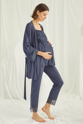 Burdagel Monamise Kadın Lacivert Hamile Lohusa Sabahlıklı Pijama Takım 182