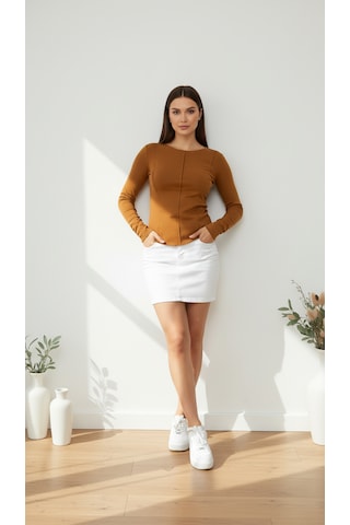 Divinus Kadın Slim Fit Pamuklu Uzun Kollu Bodysuit Taba