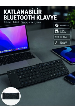 Katlanabilir Bluetooth Klavye 3 Cihaz Bağlantılı Kablosuz Taşınab
