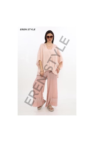 Eren Style İtalyan Fisto Paça Detaylı Keten Pantolon-9893 Pudra