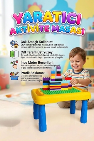 64 Parça 8 Renk Bloklu Yazı Tahtalı Depolama Alanlı Eğitici Oyuncak Aktivite Masası