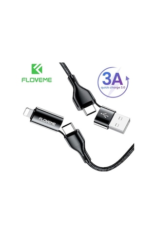 Floveme 4In1 Usb To Type C -Type To Type Kablosu+Apple iPhone Uyumlu Başlık U-Siyah