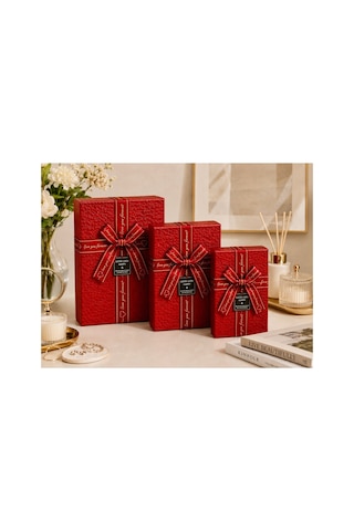 3 Lü Dikdörtgen Hediye Kutusu Seti Kırmızı Desenli Büyük Boy 16x23 Cm Orta Boy 14x21 Cm Küçük Boy 12x19 Cm Kapaklı Lüks Hediye Kutusu