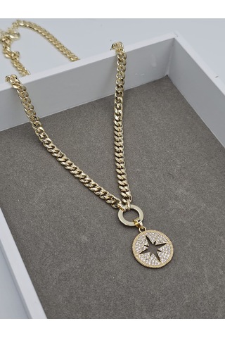 14k Altın Kaplama Gurmet Zincirli Mina Kolye Altın