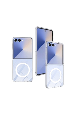 Samsung Galaxy Z Flip 7 Uyumlu Kılıf Clear Şeffaf Magsafe Manyetik Wireless Şarj Destekli Silikon Şeffaf