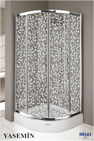 Desaş Shower Yasemin Teknesiz Oval Yaprak Desenli Cam Duşakabin 90 x 90 5 MM Gümüş