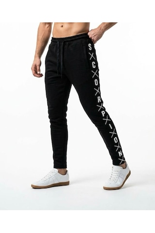 Plus Scorpion Erkek Slim Fit Eşofman Altı Yazılı Şerit Detaylı, Dar Paça Jogger Pantolon Siyah