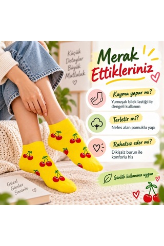 Womanandkids Wak Kadın Kiraz 12'li Desenli Patik Çorap Sarı Pamuklu Dikişsiz Sneaker Uyumlu Eğlenceli Günlük Set Çok Renkli