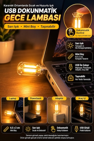 Usb Led Gece Lambası Sarı Işık Dokunmatik Mini Taşınabilir Lamba Laptop Powerbank Araç İçi 6,5 Cm 5v
