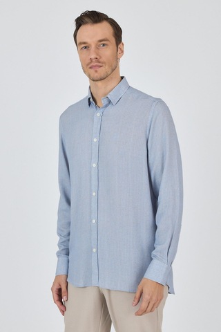 İmza Koyu Mavi Uzun Kol Baskılı Cepsiz Keten Casual Slim Fit Gömlek 1004250112 Koyu Mavi