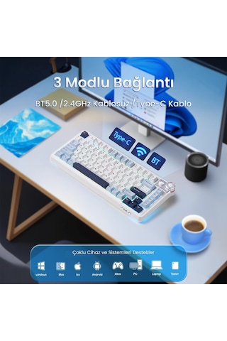 Aula Au75 3 Modlu Mekanik Gaming Kablosuz Klavye Rgb Tkl Hot Swap Star Vector Switch Makrolu Oyuncu Klavyesi Lacivert