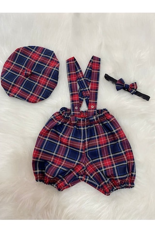 Eylülce Butik Laci Ekoseli Çocuk Askılı Şort Salopet & Ressam Şapkası & Papyon Takım- Pasta Patlatma-doğum Günü Lacivert