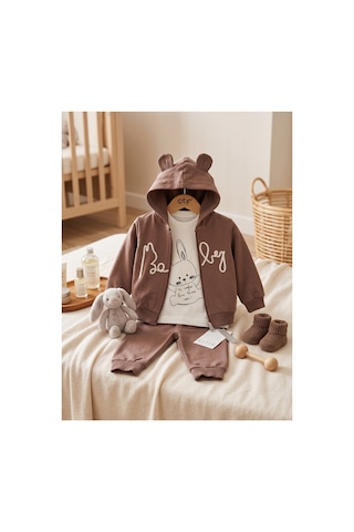 Deniva Kids Erkek Bebek Kulaklı Kapüşonlu Fermuarlı Hırka Tavşan Baskılı Sweatshirt Ve Eşofman Altı 3'lü Takım Kahverengi