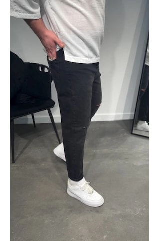 Zenna Tarz Erkek Siyah Dizi Yırtık Boyfriend Jean