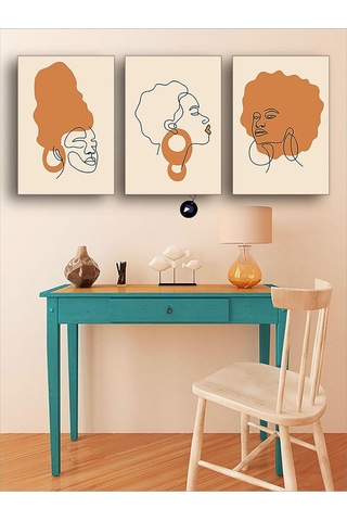 Pster21103 Kahverengi Soyut Kadın Yüzleri Üçlü Kanvas Tablo Seti, Premium 3'lü Canvas, 50 X 70