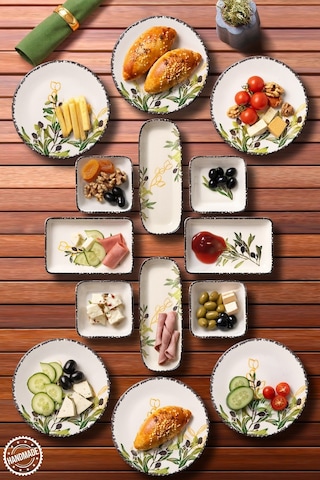 14 Parça 6 Kişilik Handmade Zeytin Kahvaltı Takımı - Lüx Kahvaltılık Sunum Seti Yeşil