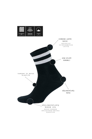 Kral Socks Erkek Kadın 12 Çift Çizgili Kolej Tenis Çorabı Pamuklu Terletmez Çorap Siyah