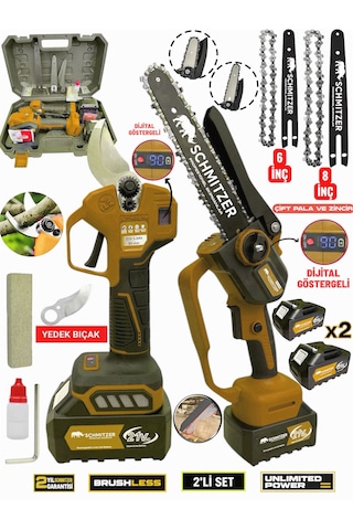 Schmıtzer 2budama-t Pro Set 21v Çelik Şanzuman 2 Pala Ve Zincir Şarjlı Dal Ağaç Kesme Bağ Budama Makas Testere