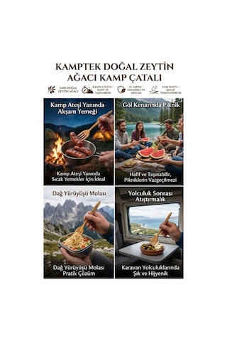 %100 Doğal Zeytin Ağacı El Yapımı Kamp Çatalı - Hafif Taşınabilir Outdoor Ahşap Çatal Ev Kamp Doğa Piknik Çatalı Doğal Kahverengi