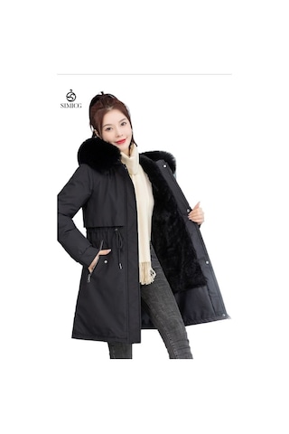 Kadın Orta Uzunlukta Kışlık Kalınlaştırılmış Pamuklu Ceket Siyah