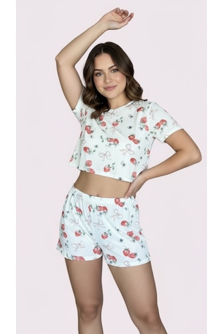 Merlot T-shirt Şort Örme Pijama Takımı Beyaz