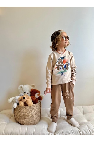 Jolly Kids Erkek Çocuk Yazı Baskılı Sweatshirt Takım Kahverengi