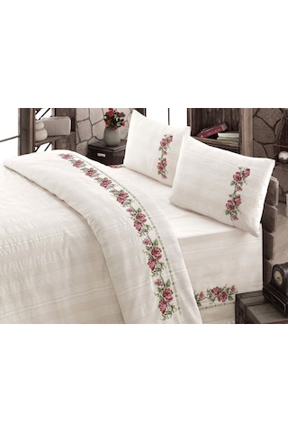 Buldan İşi Kanaviçe Nakışlı Çift Kişilik Nevresim Takımı-Pembe Krem